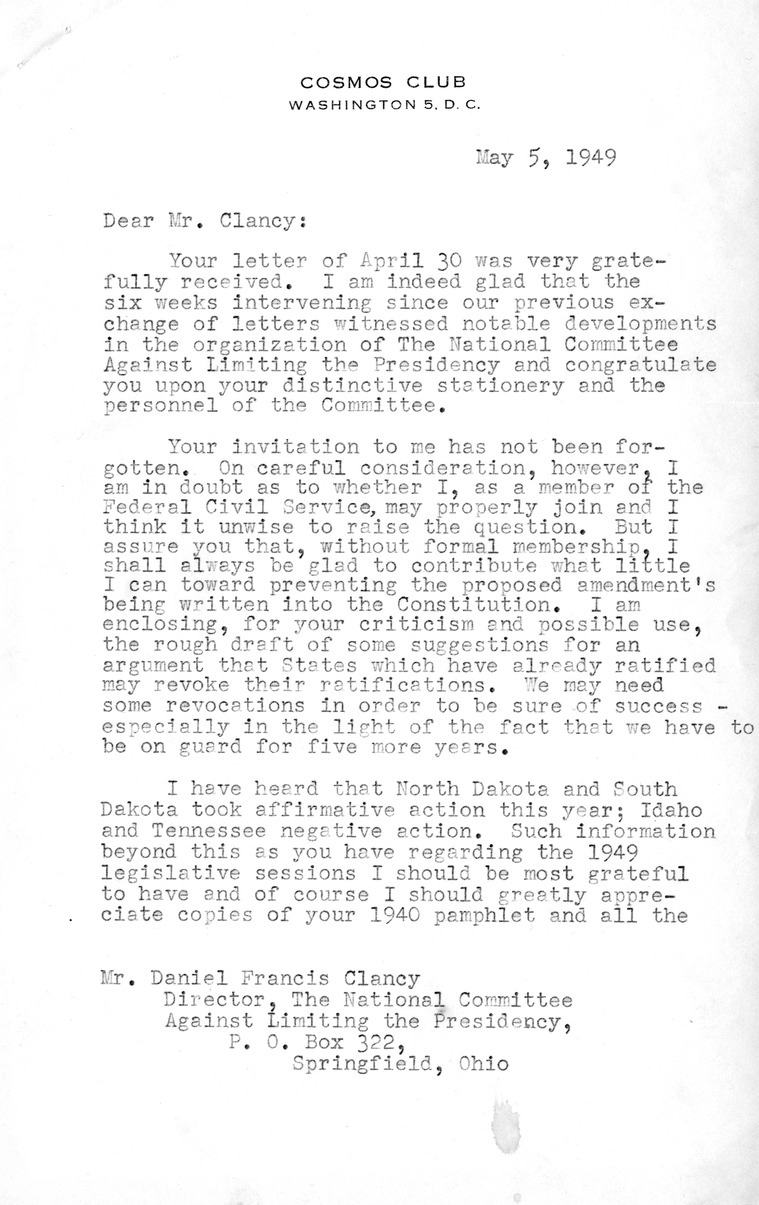 Letter from Wallace McClure to Daniel F. Clancy