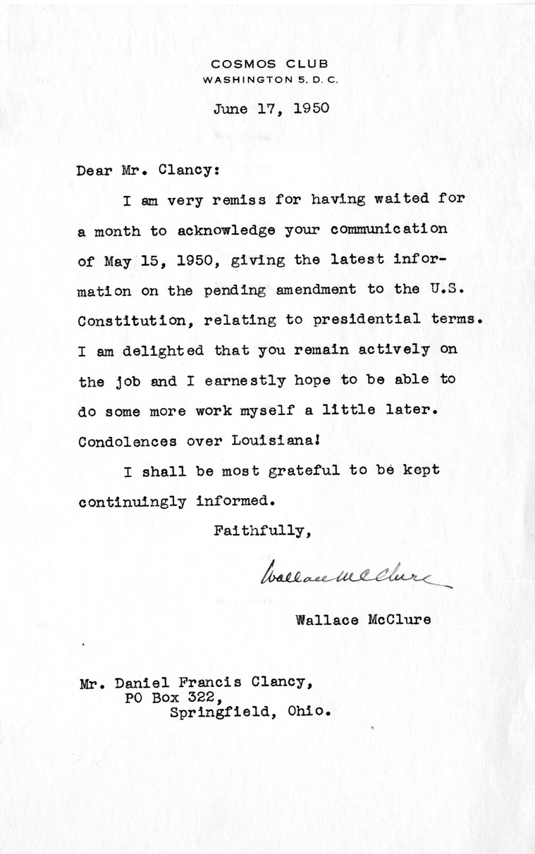 Letter from Wallace McClure to Daniel F. Clancy