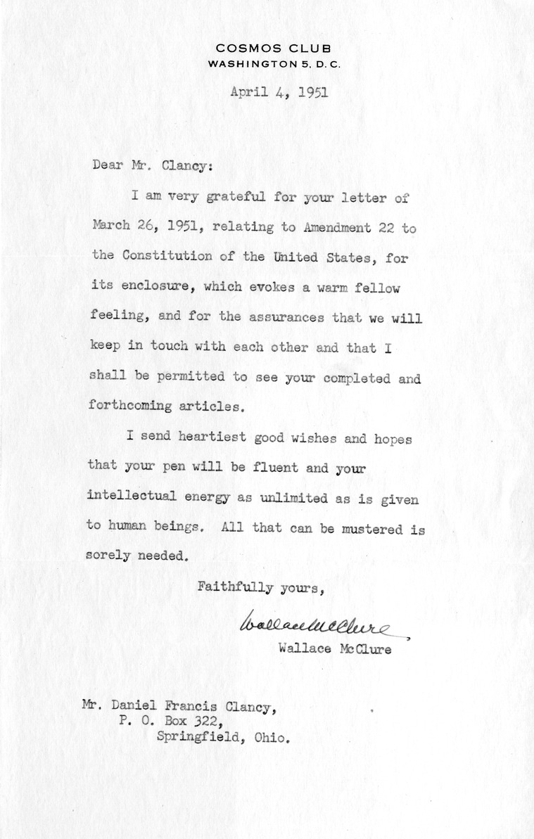 Letter from Wallace McClure to Daniel F. Clancy