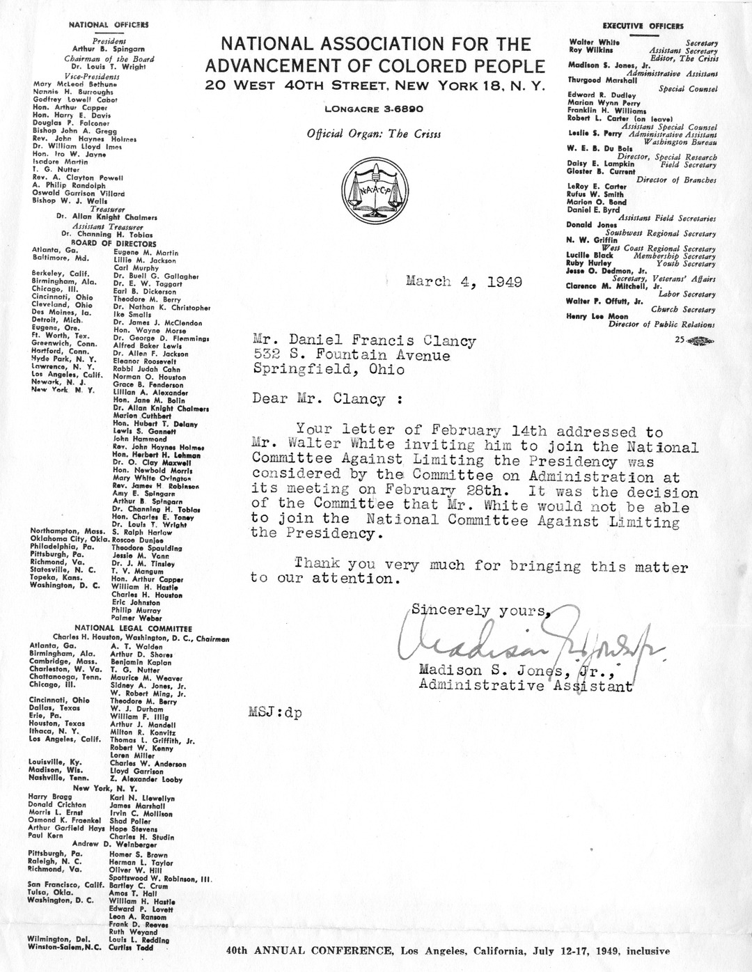 Letter from Madison S. Jones, Jr. to Daniel F. Clancy