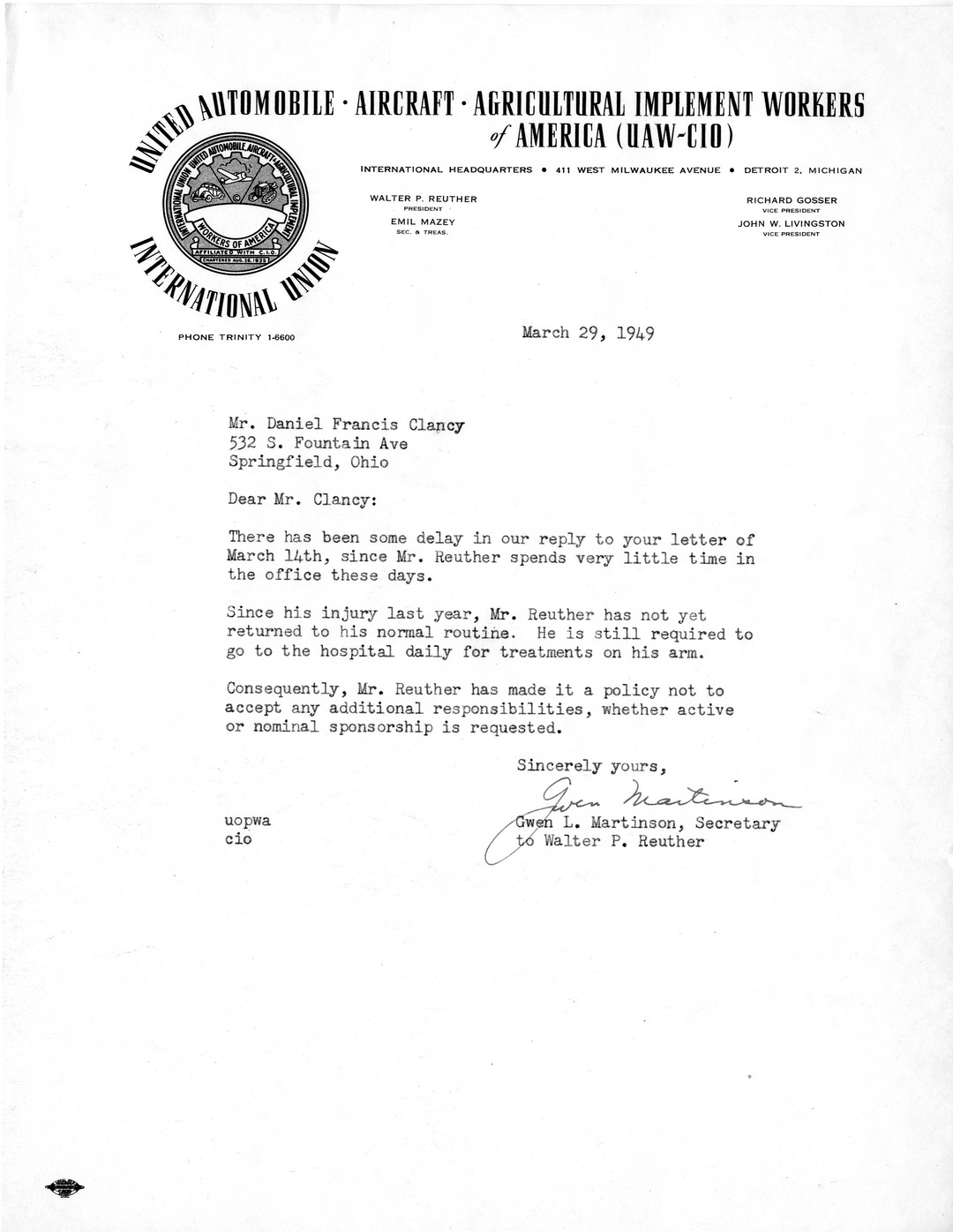 Letter from Gwen L. Martinson to Daniel F. Clancy
