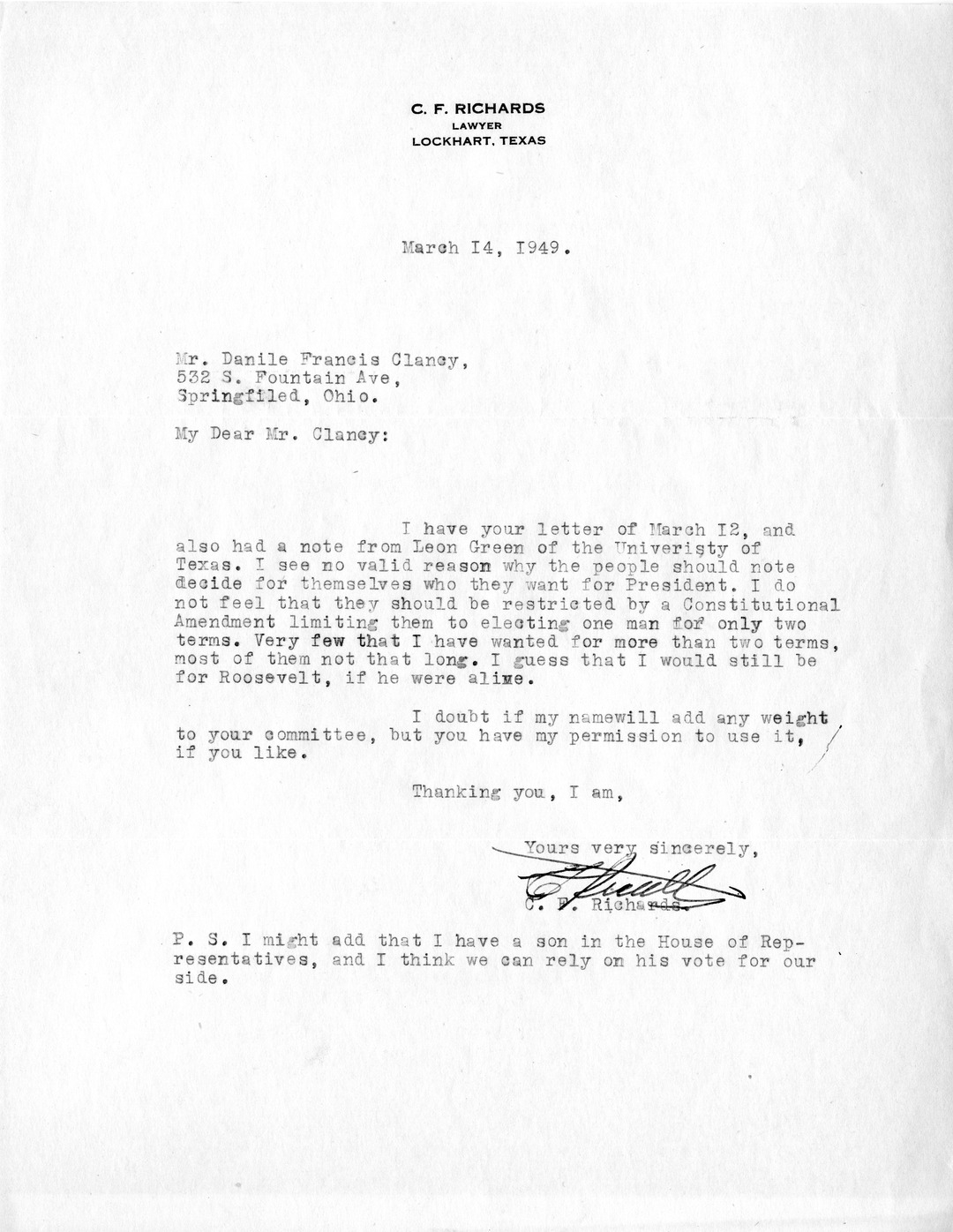 Letter from C.F. Richards to Daniel F. Clancy