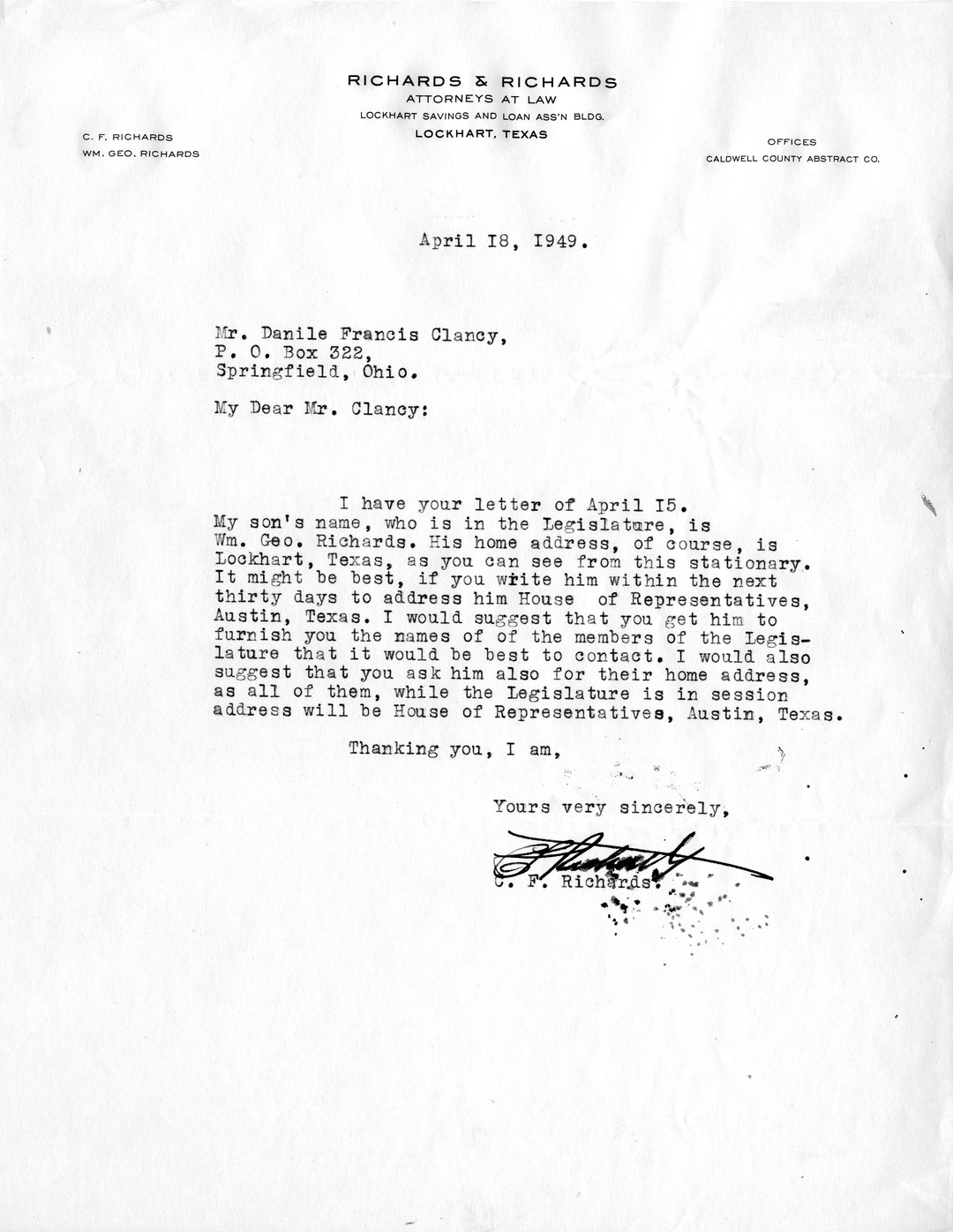 Letter from C.F. Richards to Daniel F. Clancy