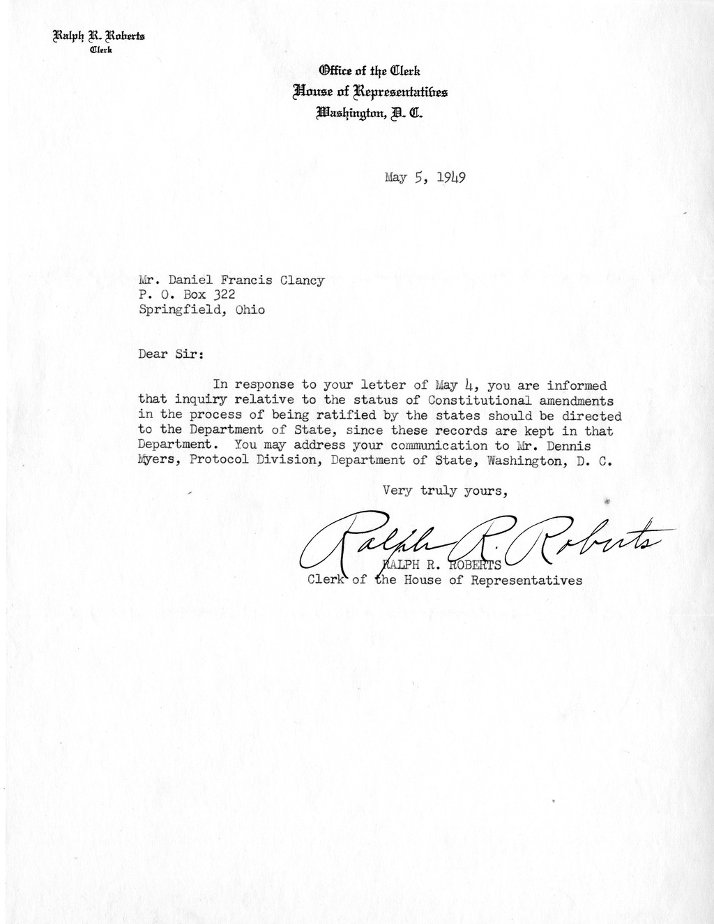Letter from Ralph R. Roberts to Daniel F. Clancy