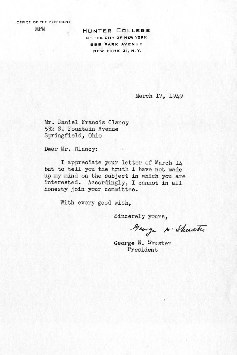 Letter from George N. Shuster to Daniel F. Clancy