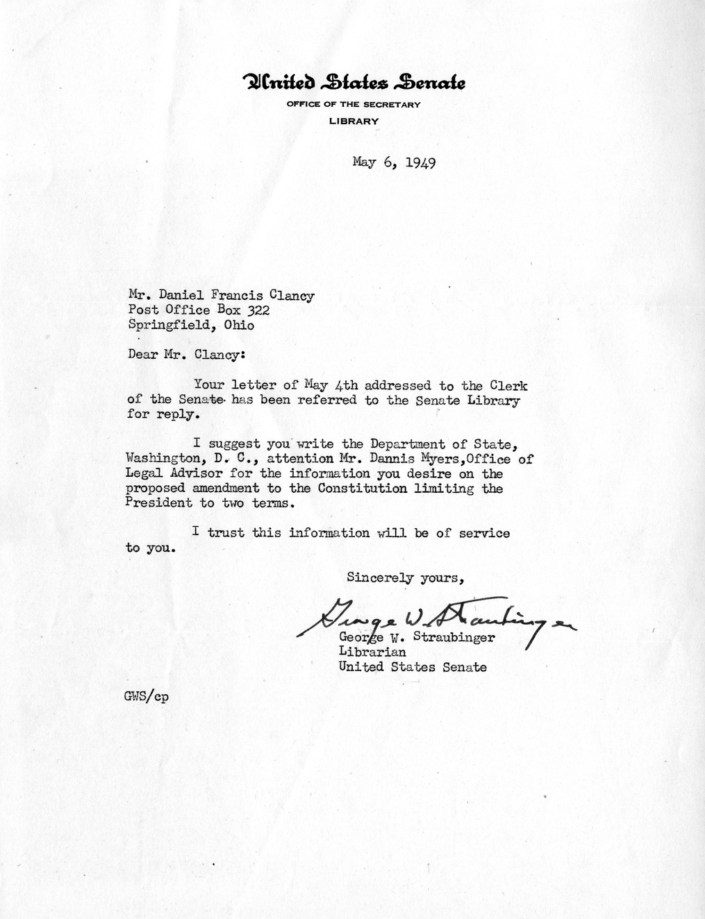 Letter from George W. Straubinger to Daniel F. Clancy