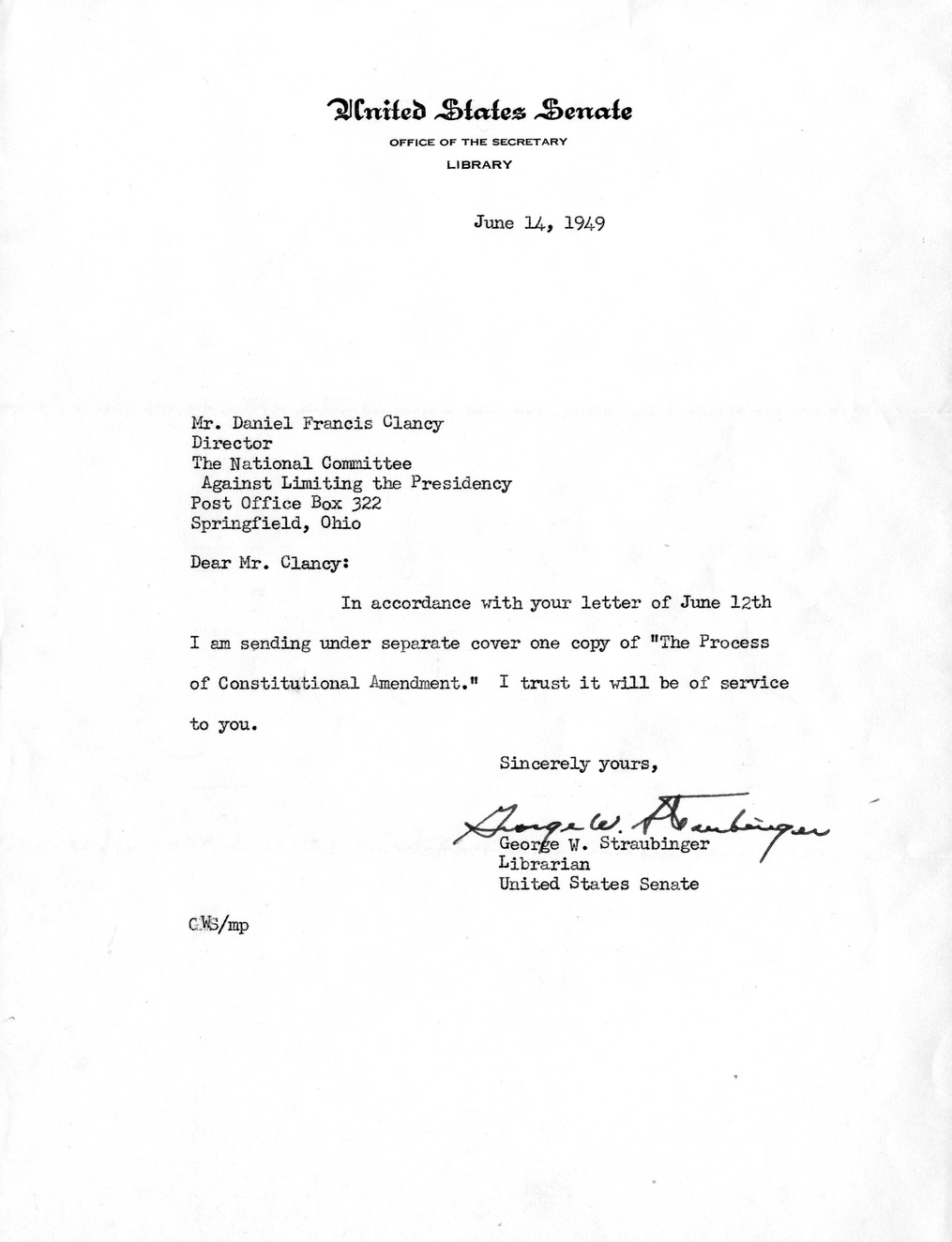Letter from George W. Straubinger to Daniel F. Clancy