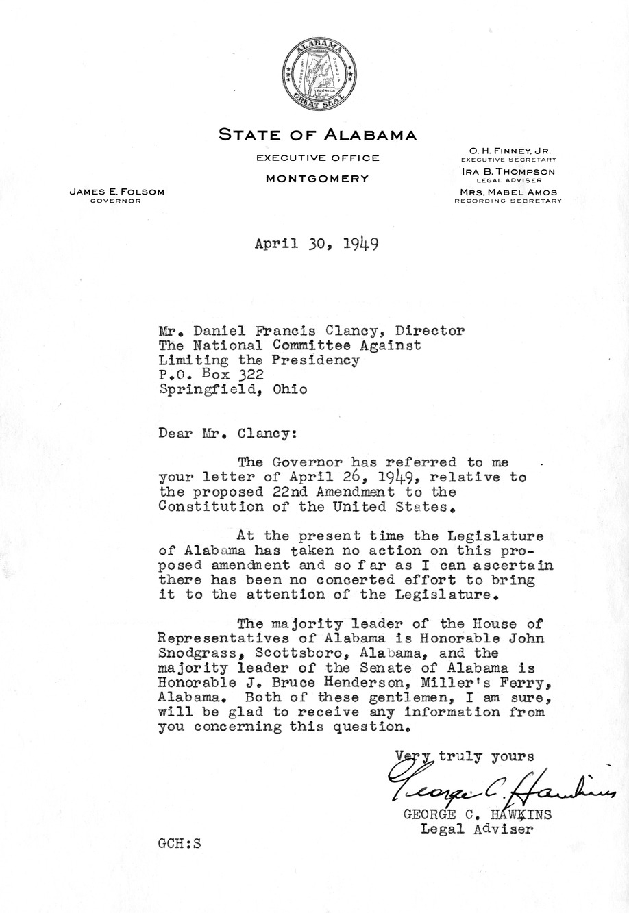 Letter from George C. Hawkins to Daniel F. Clancy