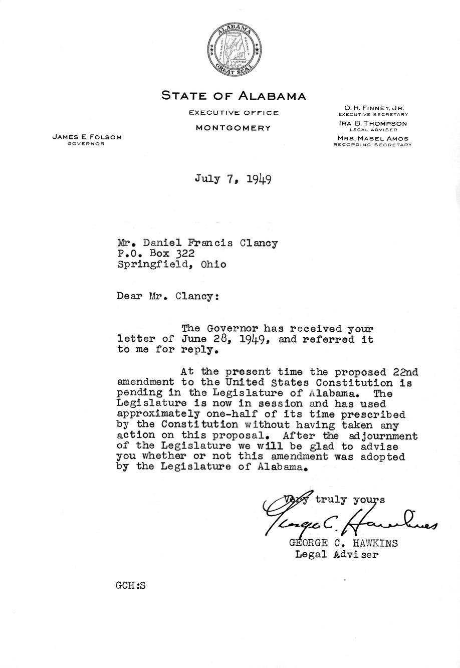 Letter from George C. Hawkins to Daniel F. Clancy