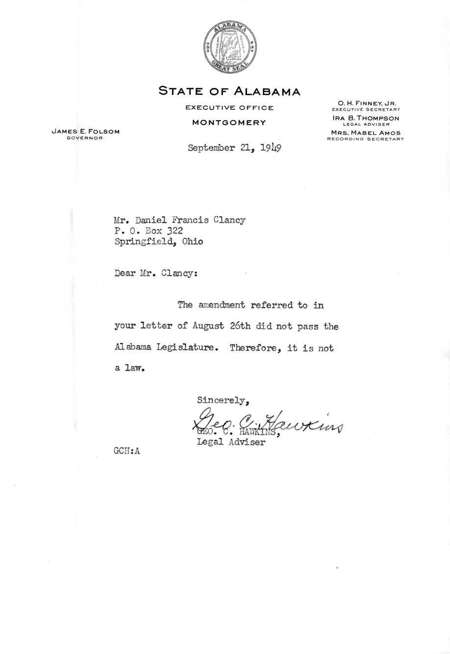 Letter from George C. Hawkins to Daniel C. Clancy