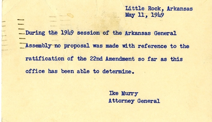 Postcard from Attorney General Ike Murry to Daniel F. Clancy