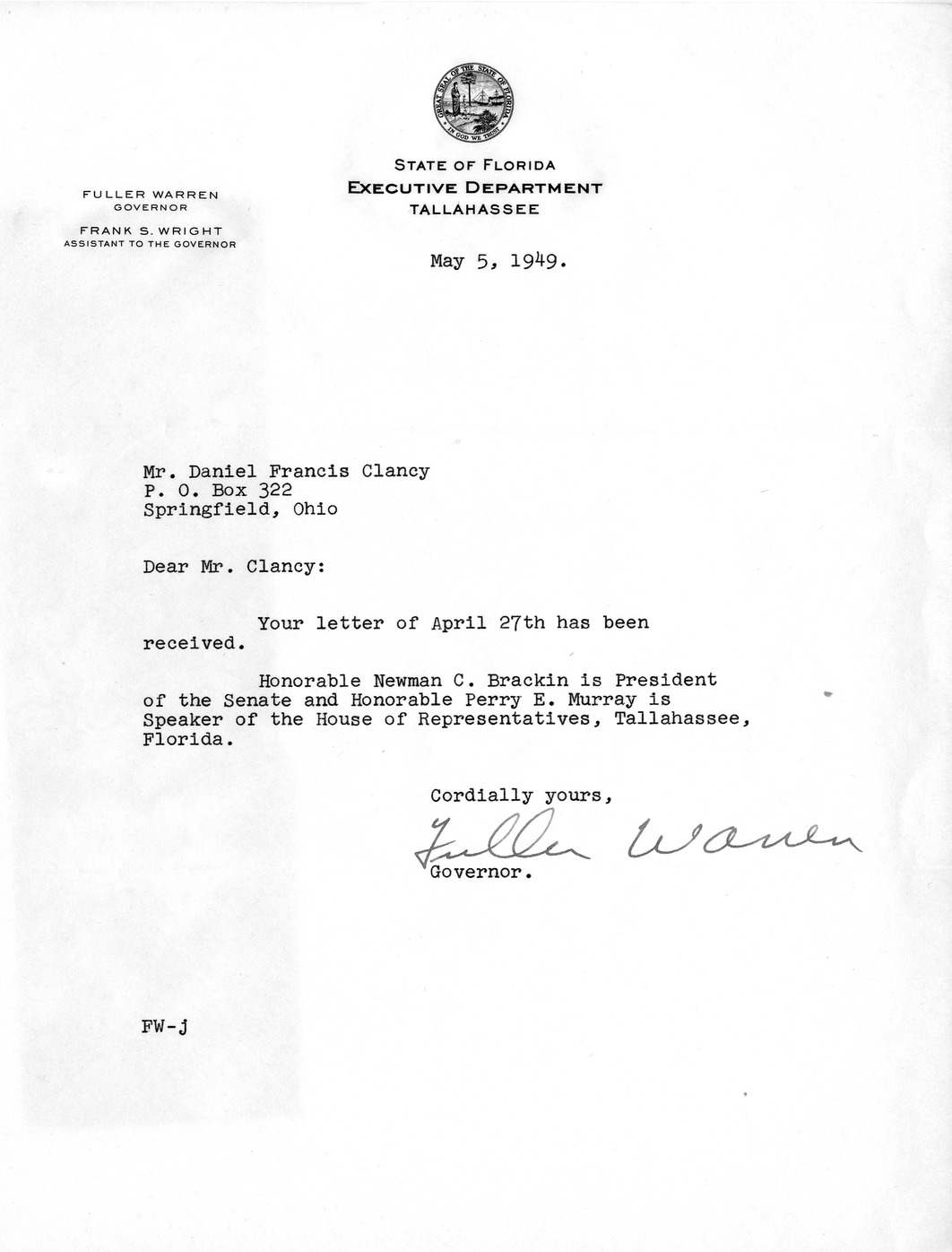 Letter from Governor Fuller Warren to Daniel F. Clancy