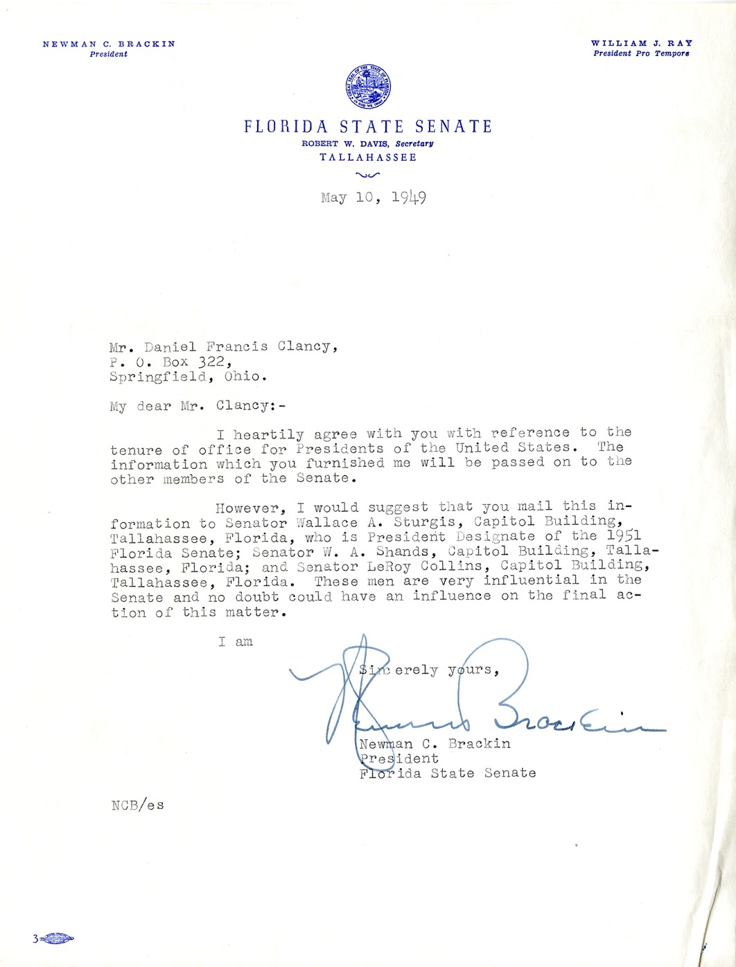 Letter from Newman C. Brackin to Daniel F. Clancy
