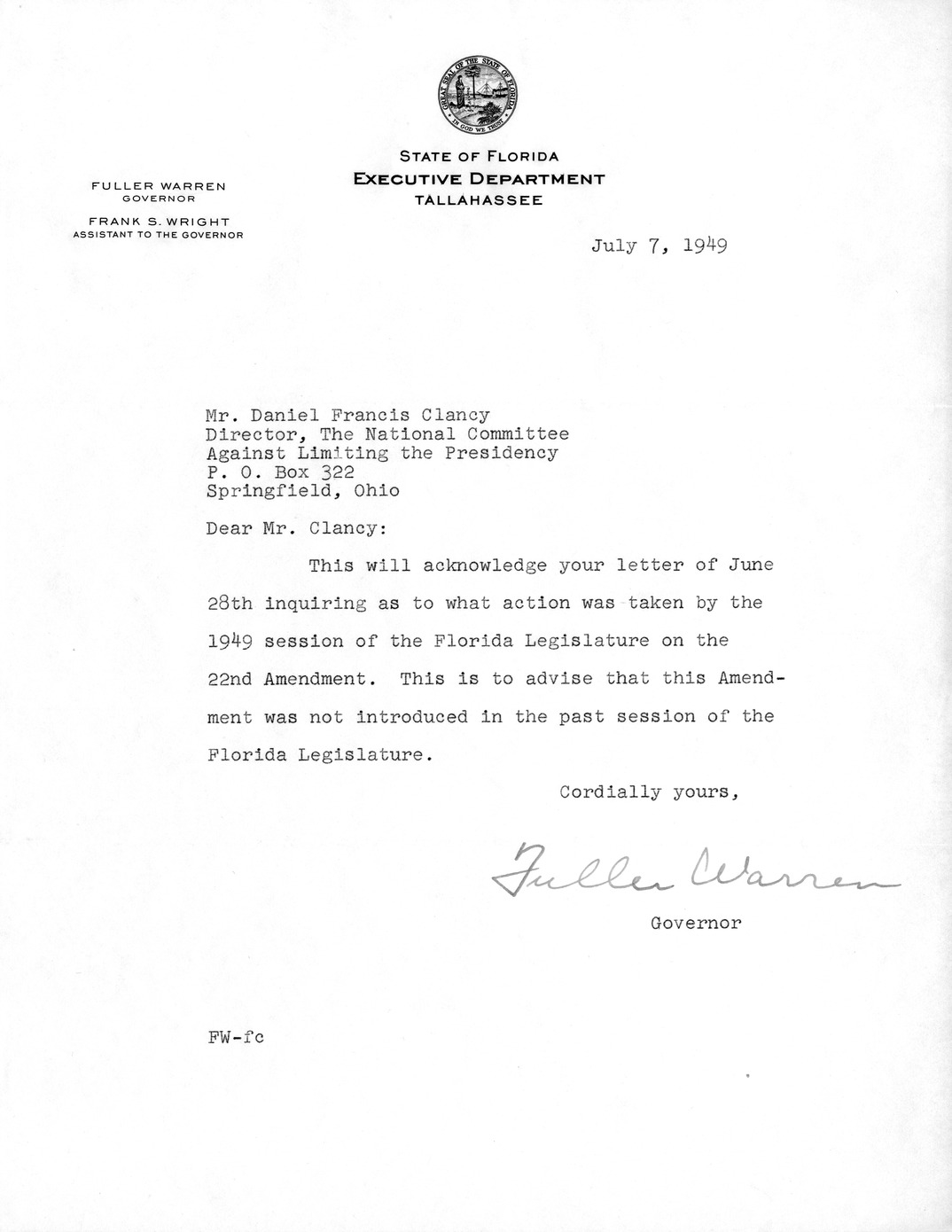 Letter from Governor Fuller Warren to Daniel F. Clancy