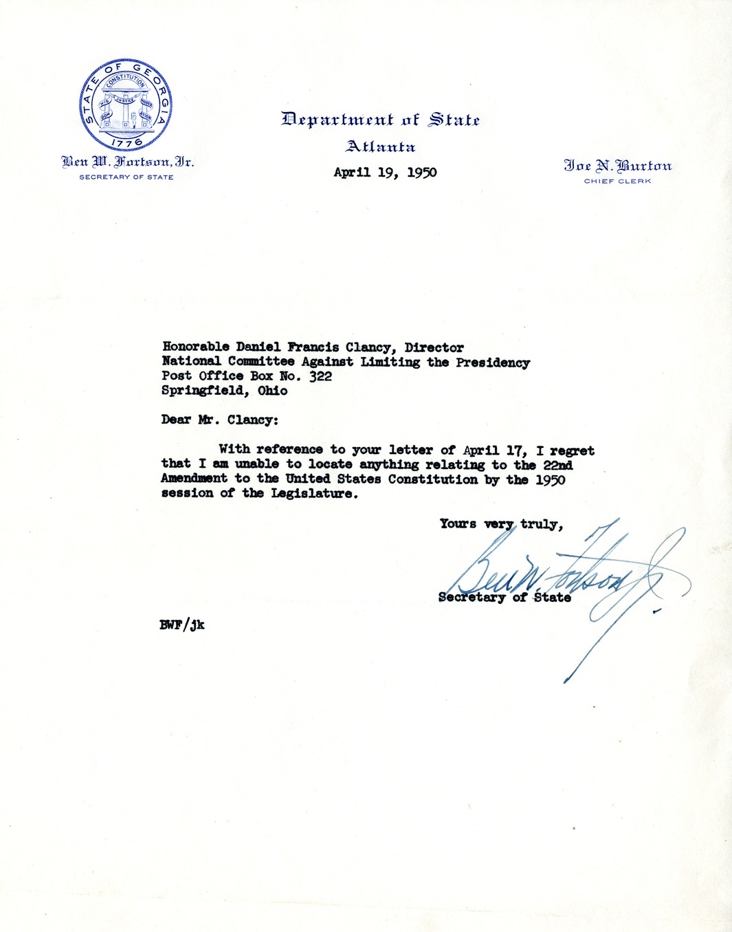 Letter from Benjamin W. Fortson, Jr. to Daniel F. Clancy