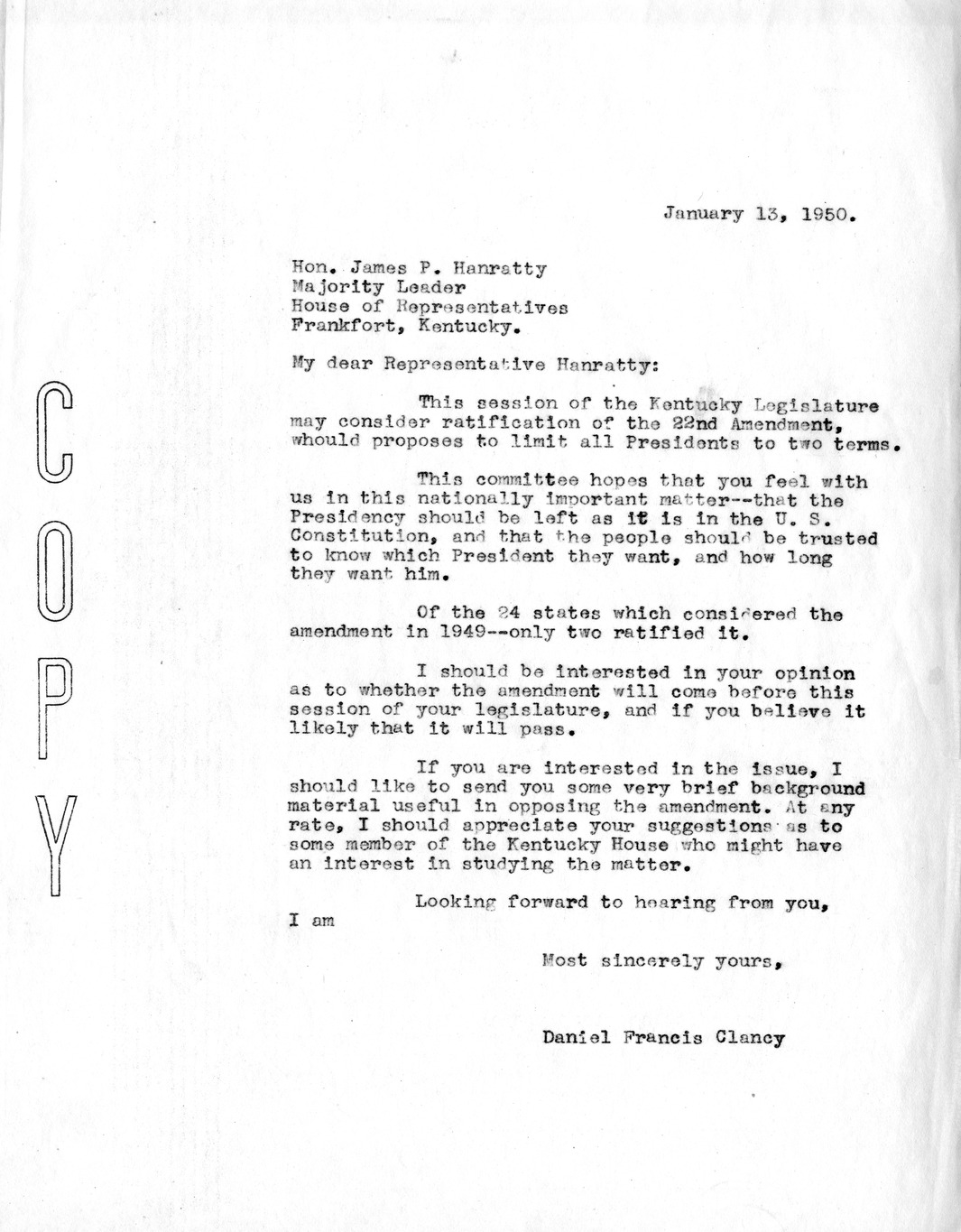 Letter from Daniel F. Clancy to James P. Hanratty