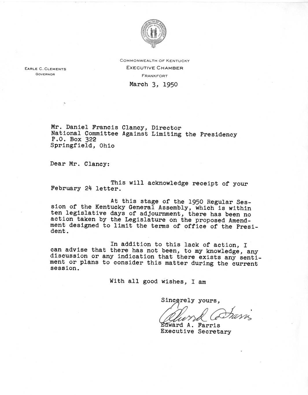 Letter from Edward A. Farris to Daniel F. Clancy