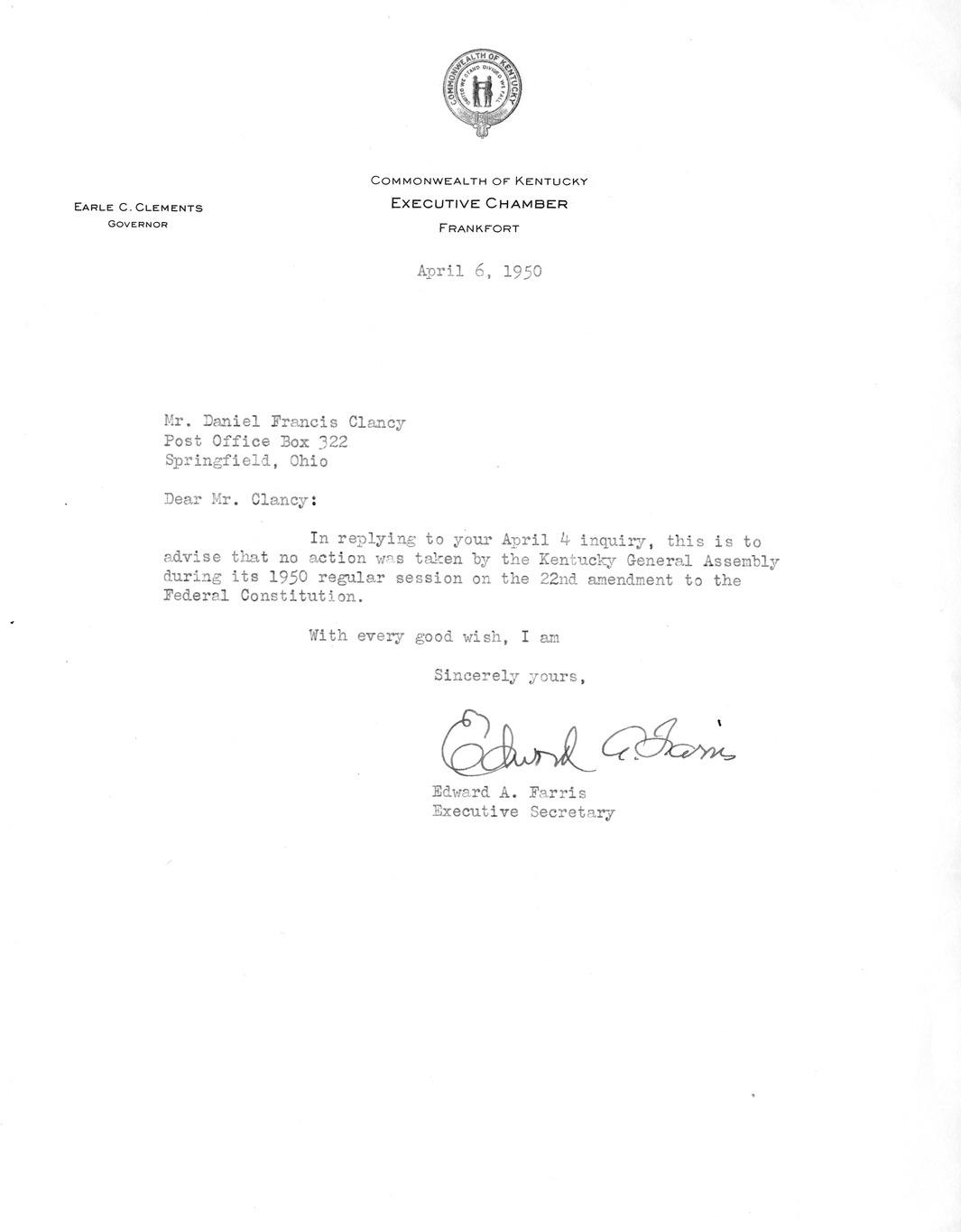 Letter from Edward A. Farris to Daniel F. Clancy