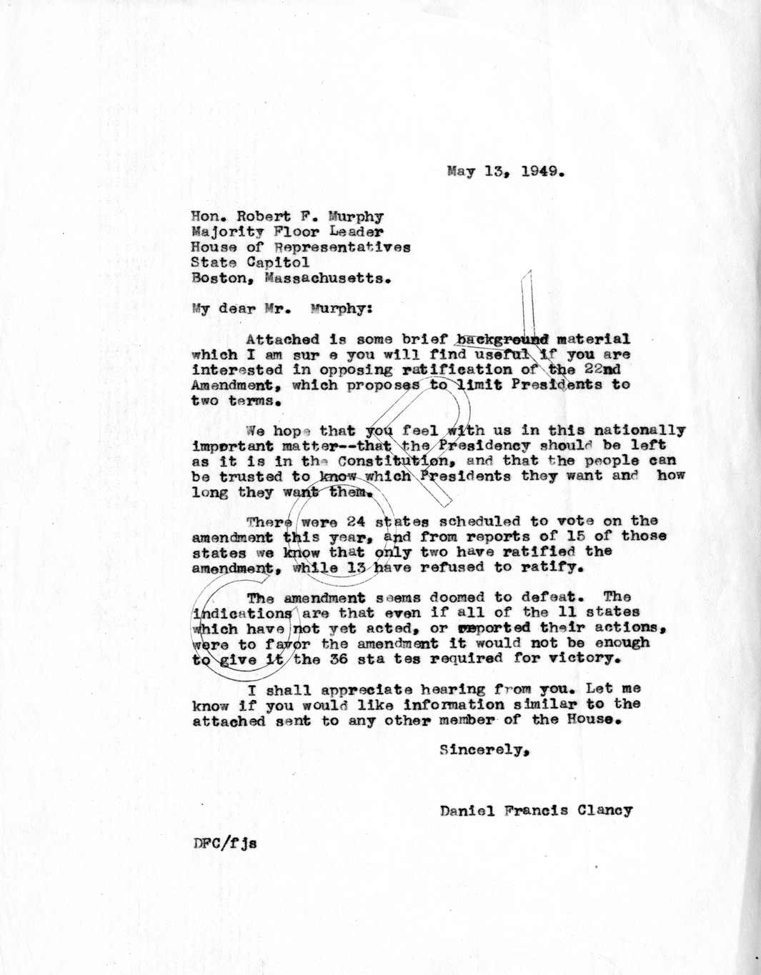 Letter from Daniel F. Clancy to Robert F. Murphy