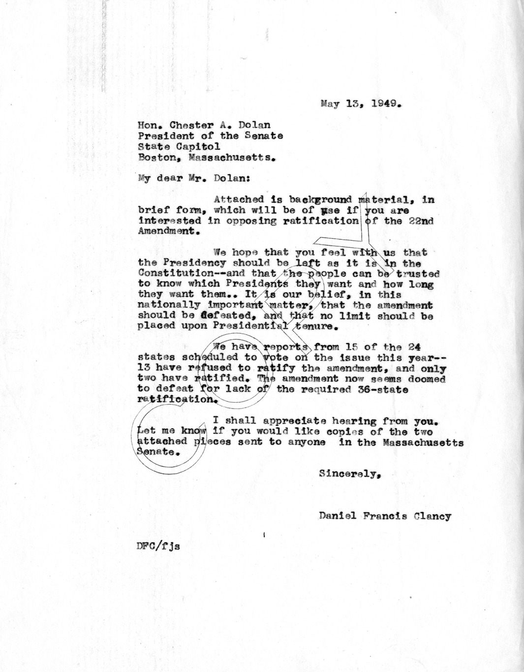 Letter from Daniel F. Clancy to Chester A. Dolan