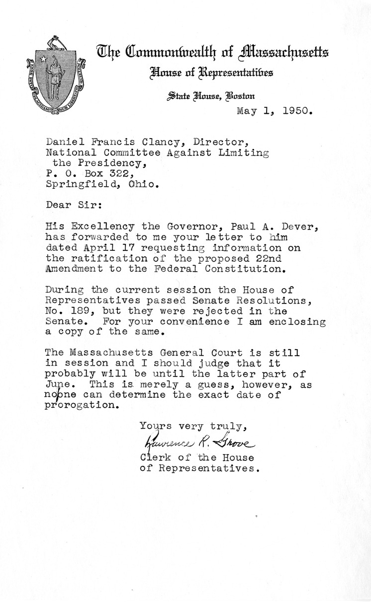 Letter from Lawrence R. Grove to Daniel F. Clancy