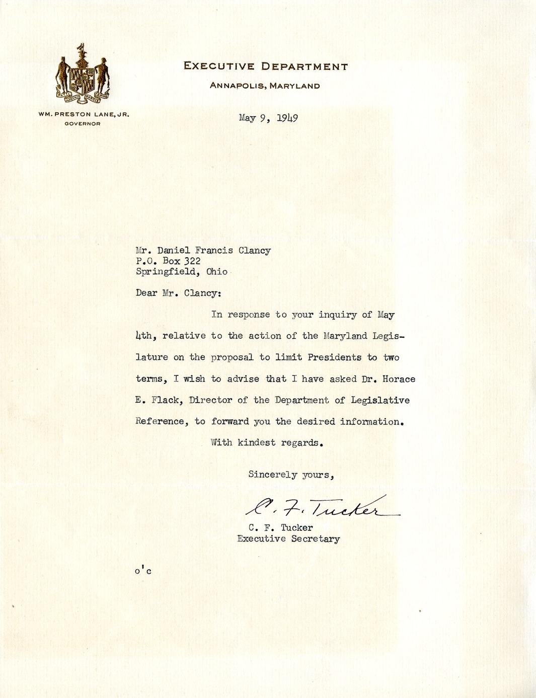Letter from C.F. Tucker to Daniel F. Clancy