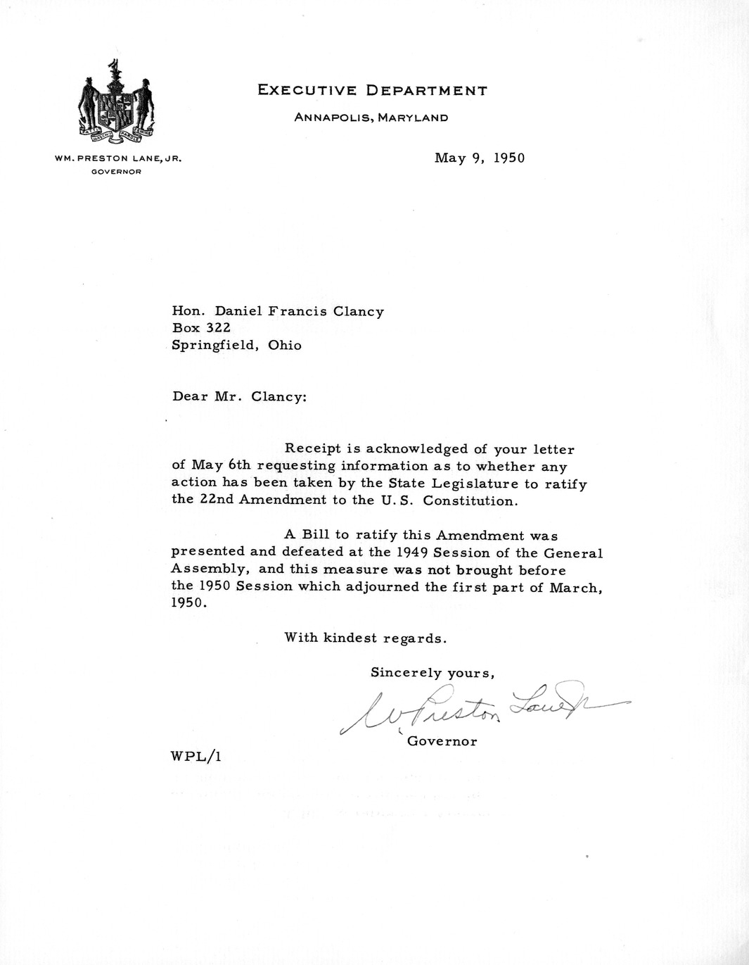 Letter from Governor William Preston Lane, Jr. to Daniel F. Clancy