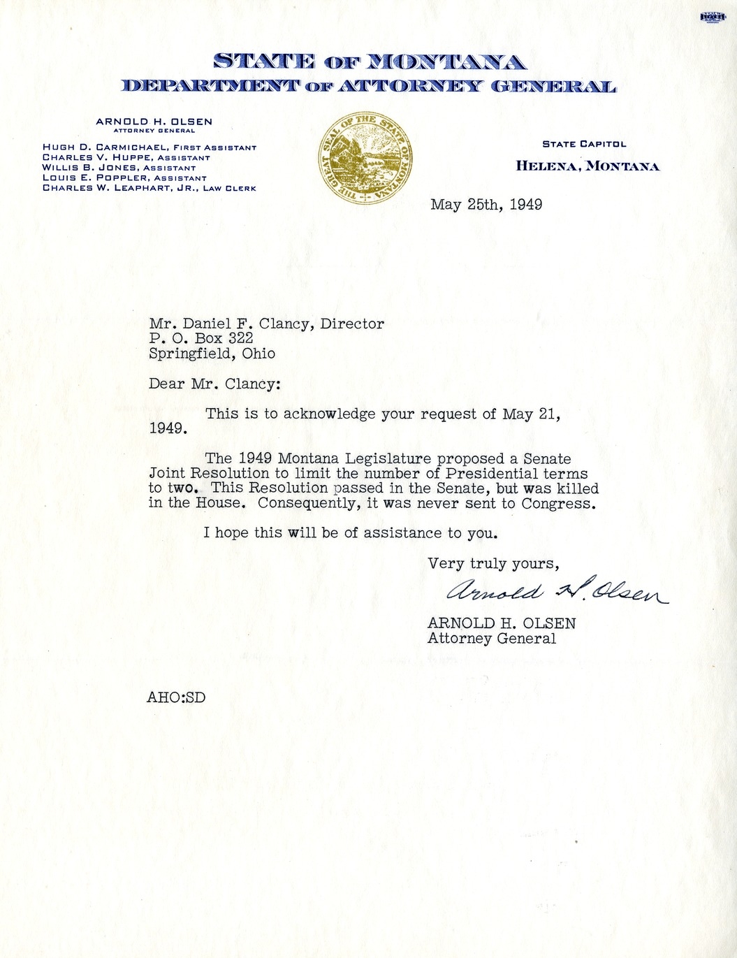 Letter from Arnold H. Olsen to Daniel F. Clancy
