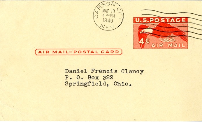 Postcard from Nevada State Assembly to Daniel F. Clancy