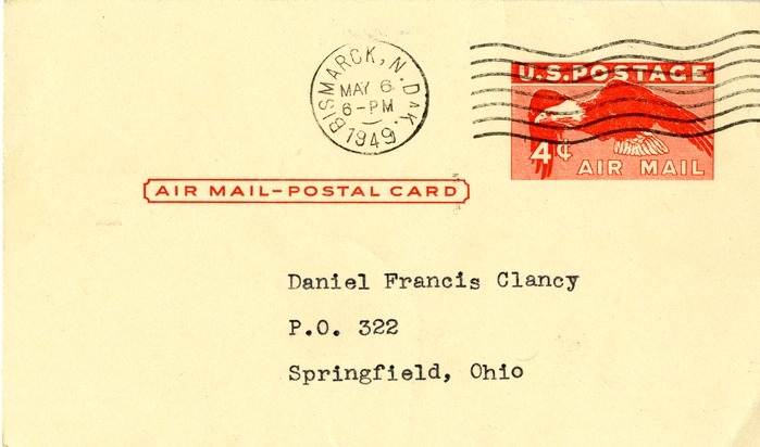 Postcard from North Dakota Governor's Office to Daniel F. Clancy