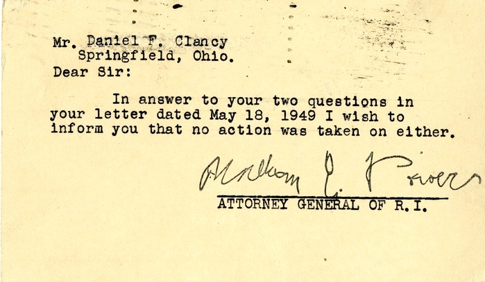 Postcard from Attorney General William E. Powers to Daniel F. Clancy