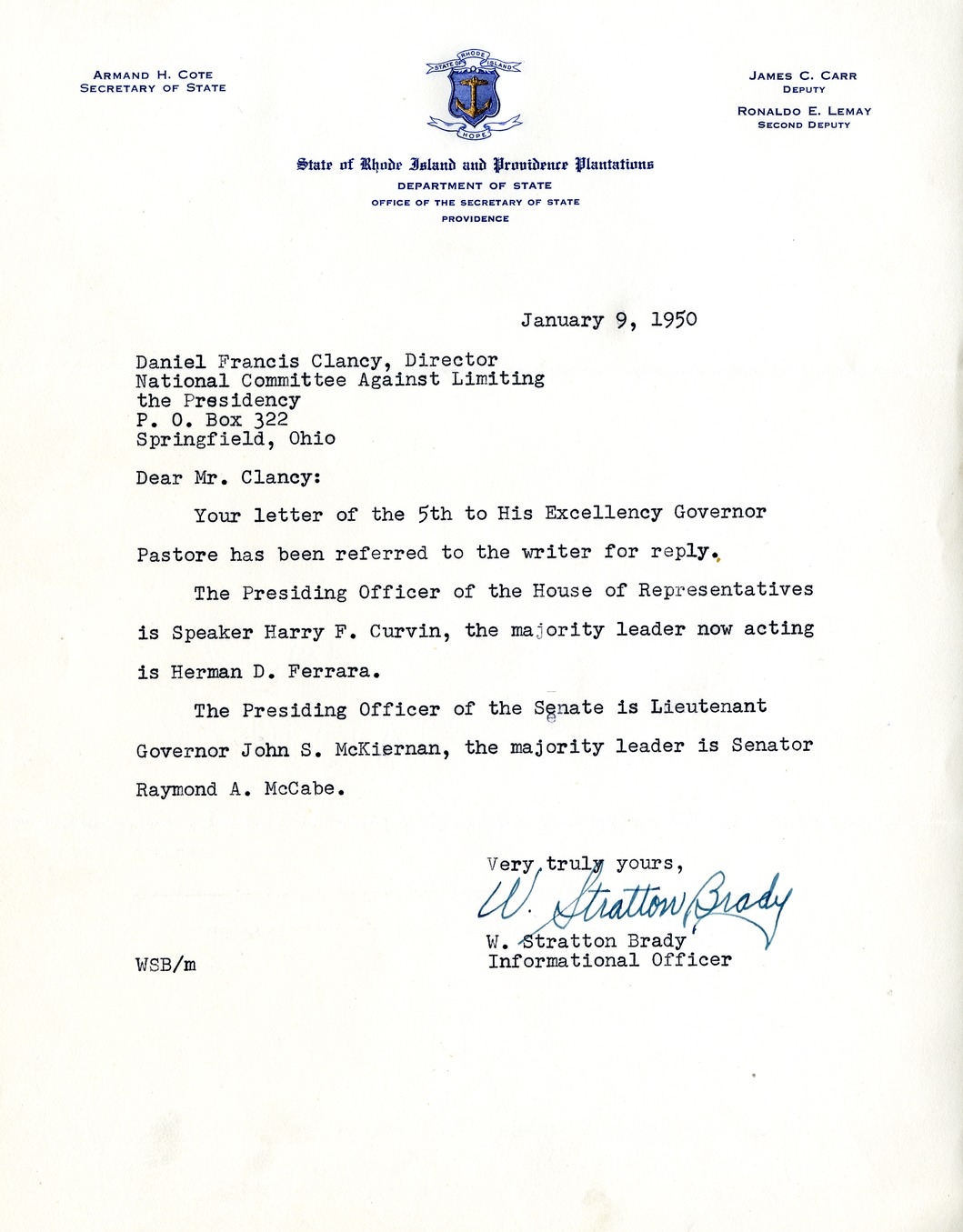 Letter from W. Stratton Brady to Daniel F. Clancy