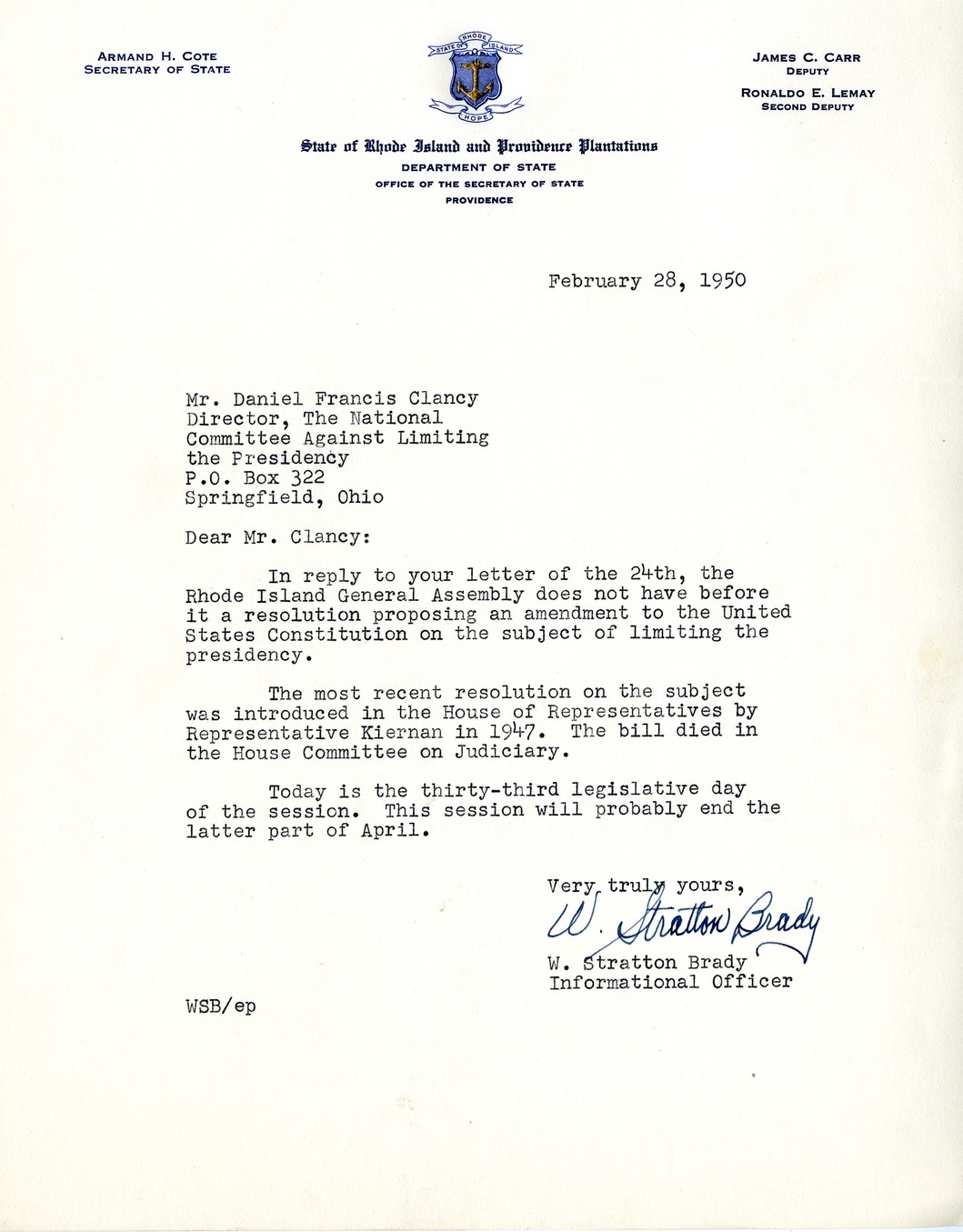 Letter from W. Stratton Brady to Daniel F. Clancy