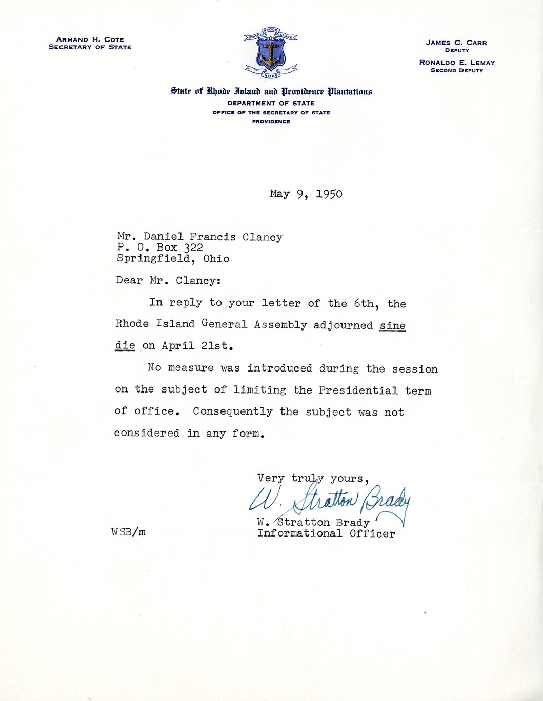 Letter from W. Stratton Brady to Daniel F. Clancy