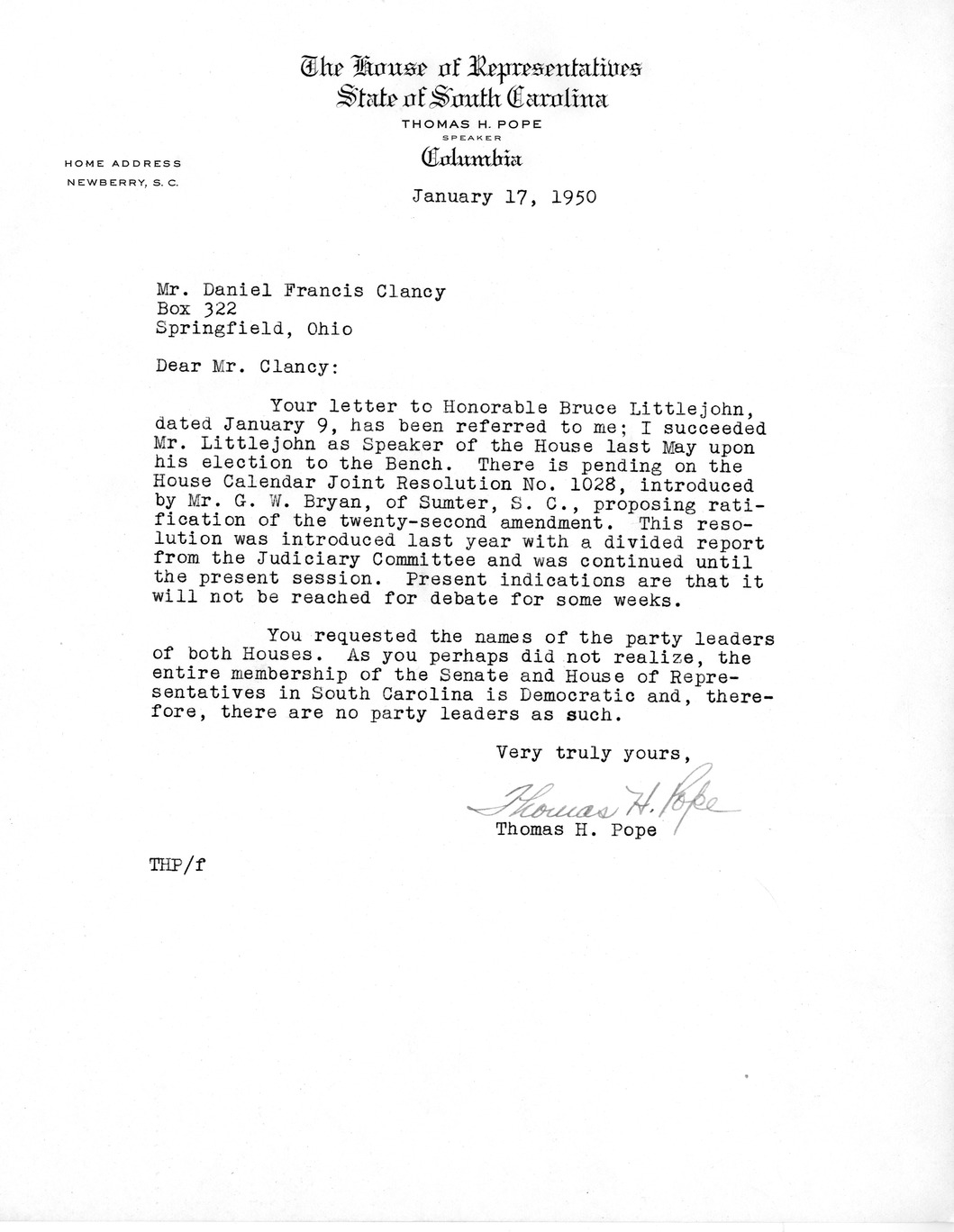 Letter from Thomas H. Pope to Daniel F. Clancy