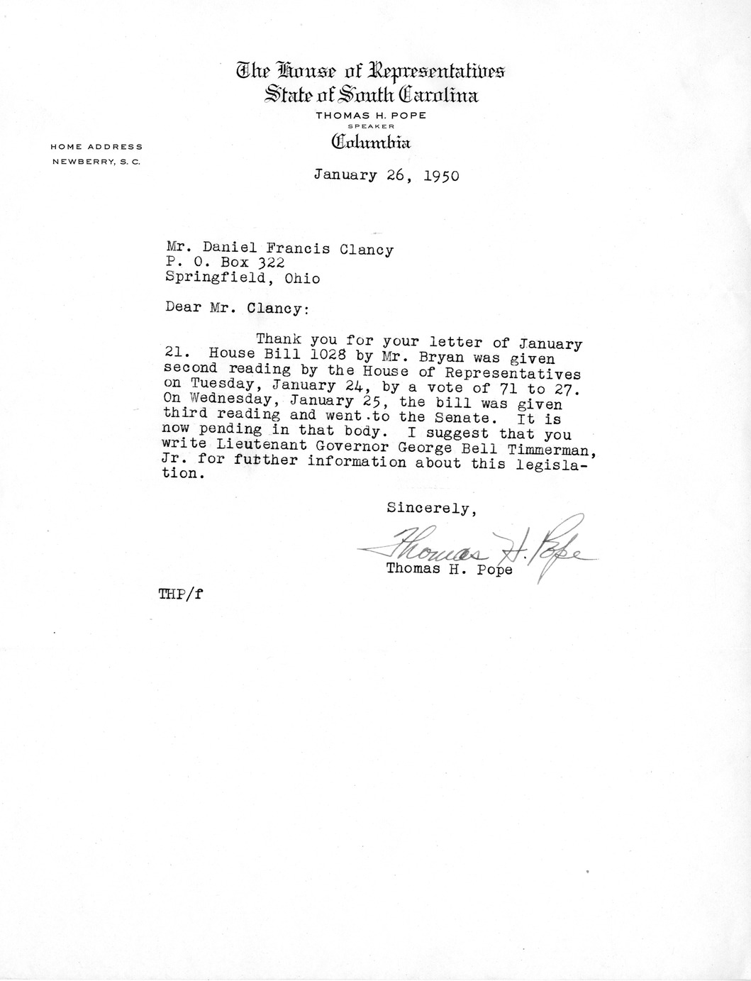 Letter from Thomas H. Pope to Daniel F. Clancy