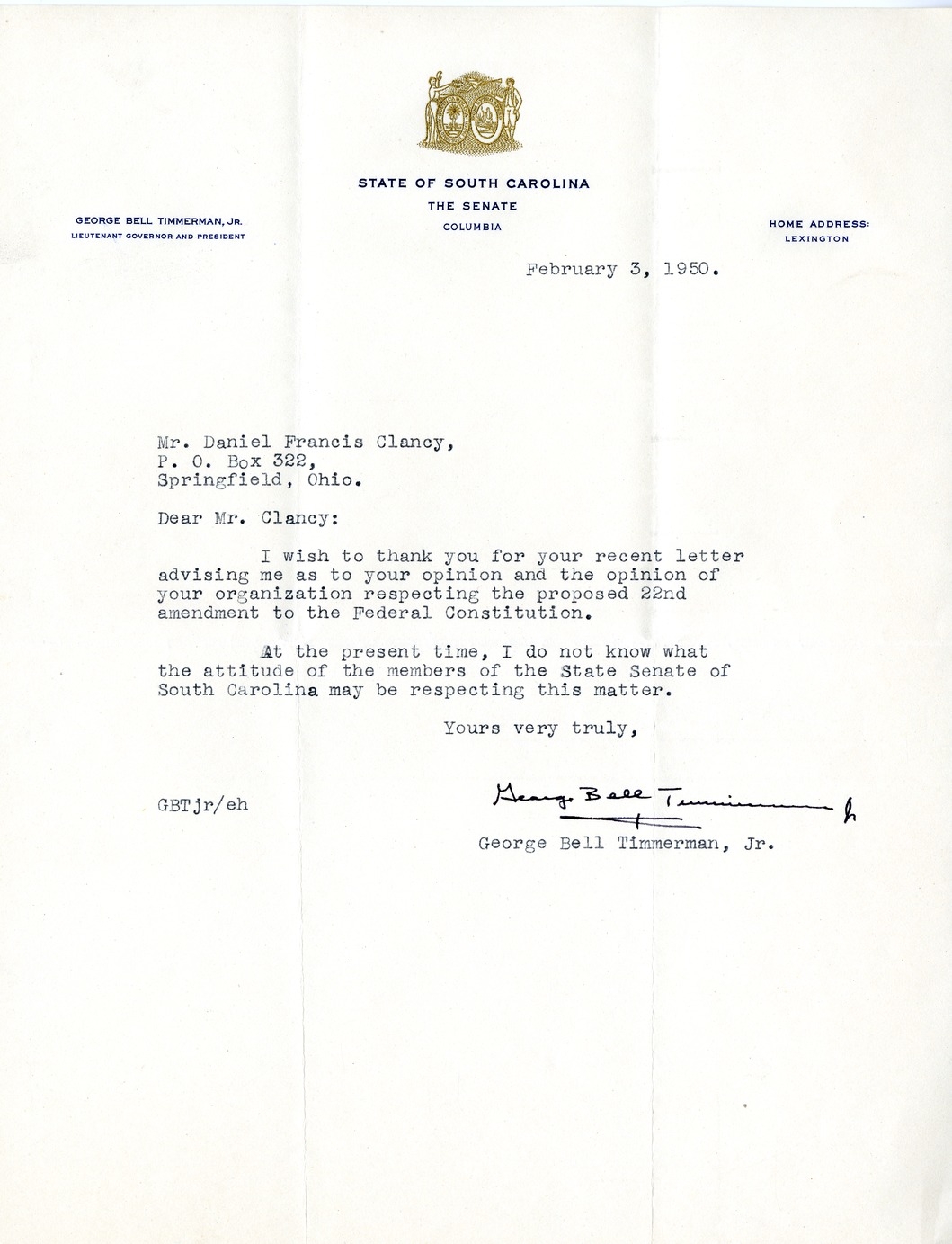 Letter from George Bell Timmerman, Jr. to Daniel C. Clancy