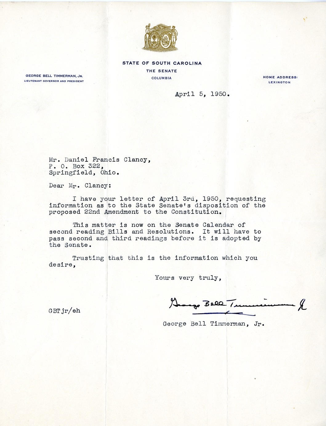 Letter from George Bell Timmerman, Jr. to Daniel F. Clancy
