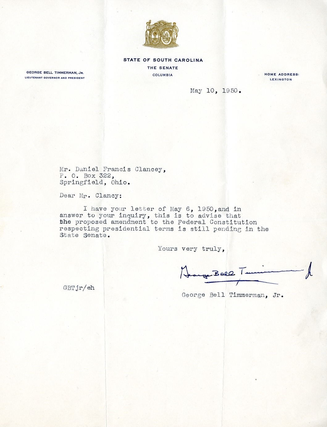 letter from George Bell Timmerman, Jr. to Daniel F. Clancy