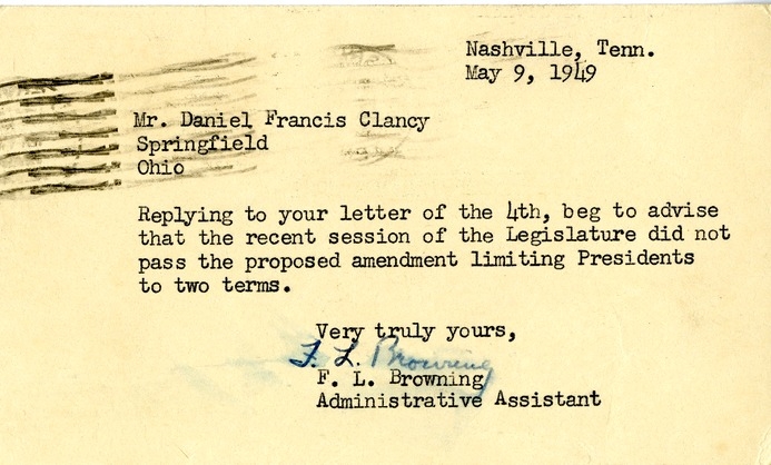 Postcard from F. L. Browning to Daniel F. Clancy