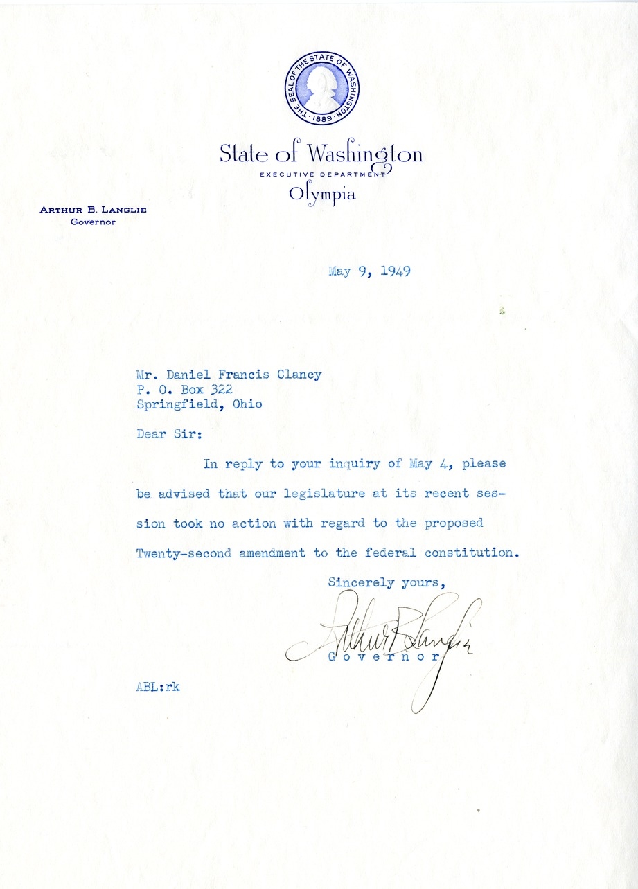 Letter from Arthur B. Langlie to Daniel F. Clancy