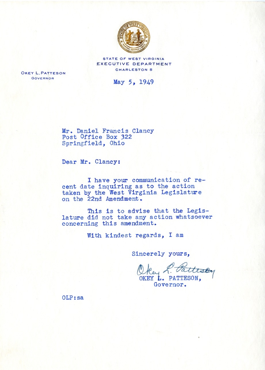 Letter from Okey L. Patteson to Daniel F. Clancy