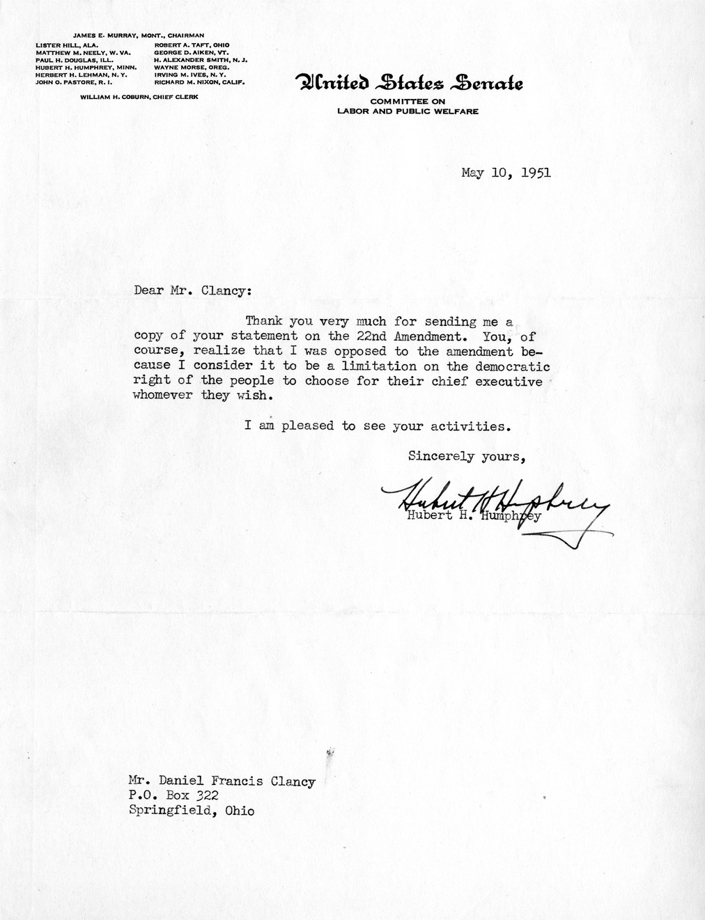 Letter from Hubert H. Humphrey to Daniel F. Clancy