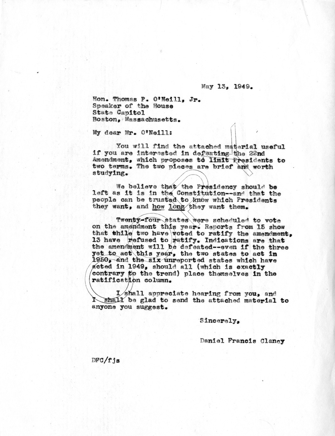 Letter from Daniel F. Clancy to the Honorable Thomas P. O'Neill, Jr.