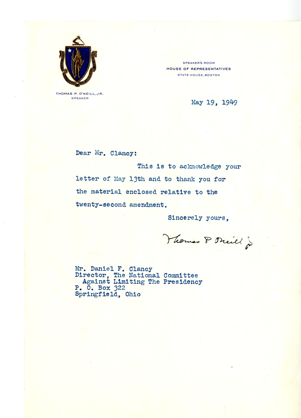 Letter from Thomas P. O'Neill, Jr. to Daniel F. Clancy