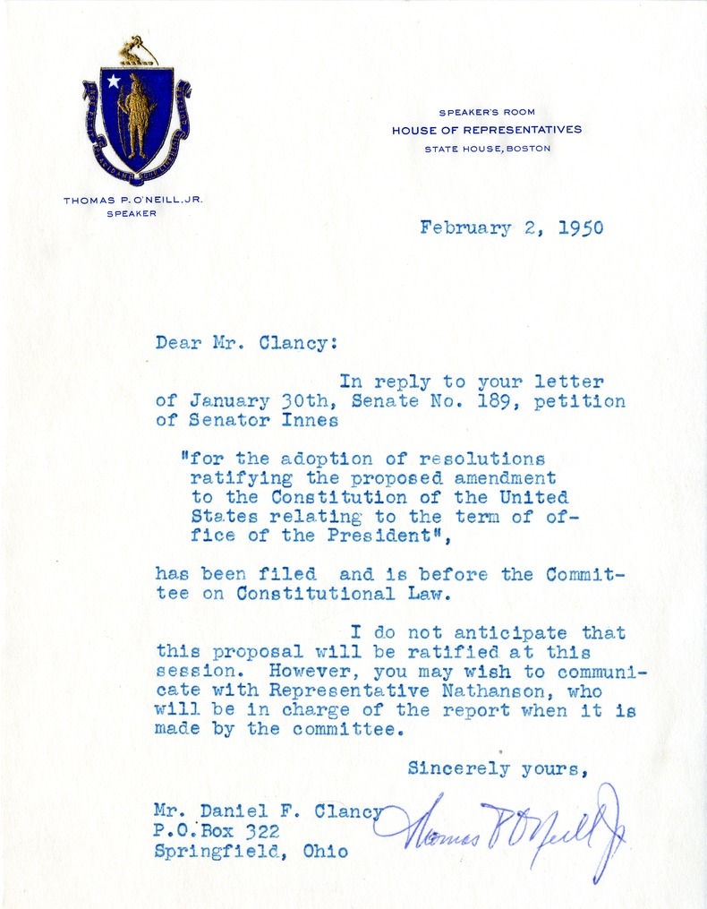 Letter from Thomas P. O'Neill, Jr. to Daniel F. Clancy