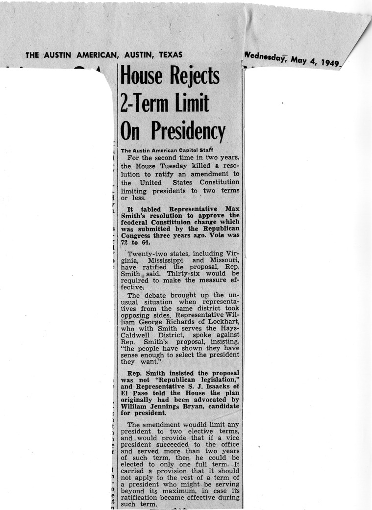 Newspaper Article from the Austin American, House Rejects 2-Term Limit on Presidency