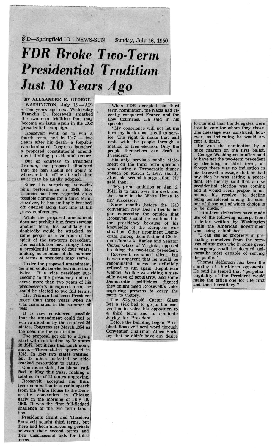 Newspaper Article from Springfield News-Sun, FDR Broke Two-Term Presidential Tradition Just 10 Years Ago, by Alexander R. George