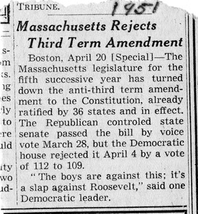Newspaper Article, Massachusetts Rejects Third Term Amendment