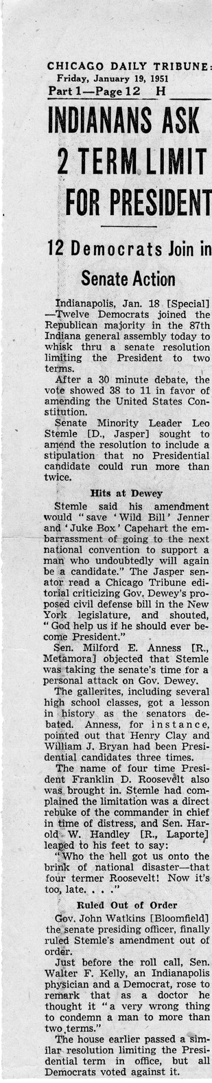 Newspaper Article from the Chicago Daily Tribune, Indianans Ask 2 Term Limit For President